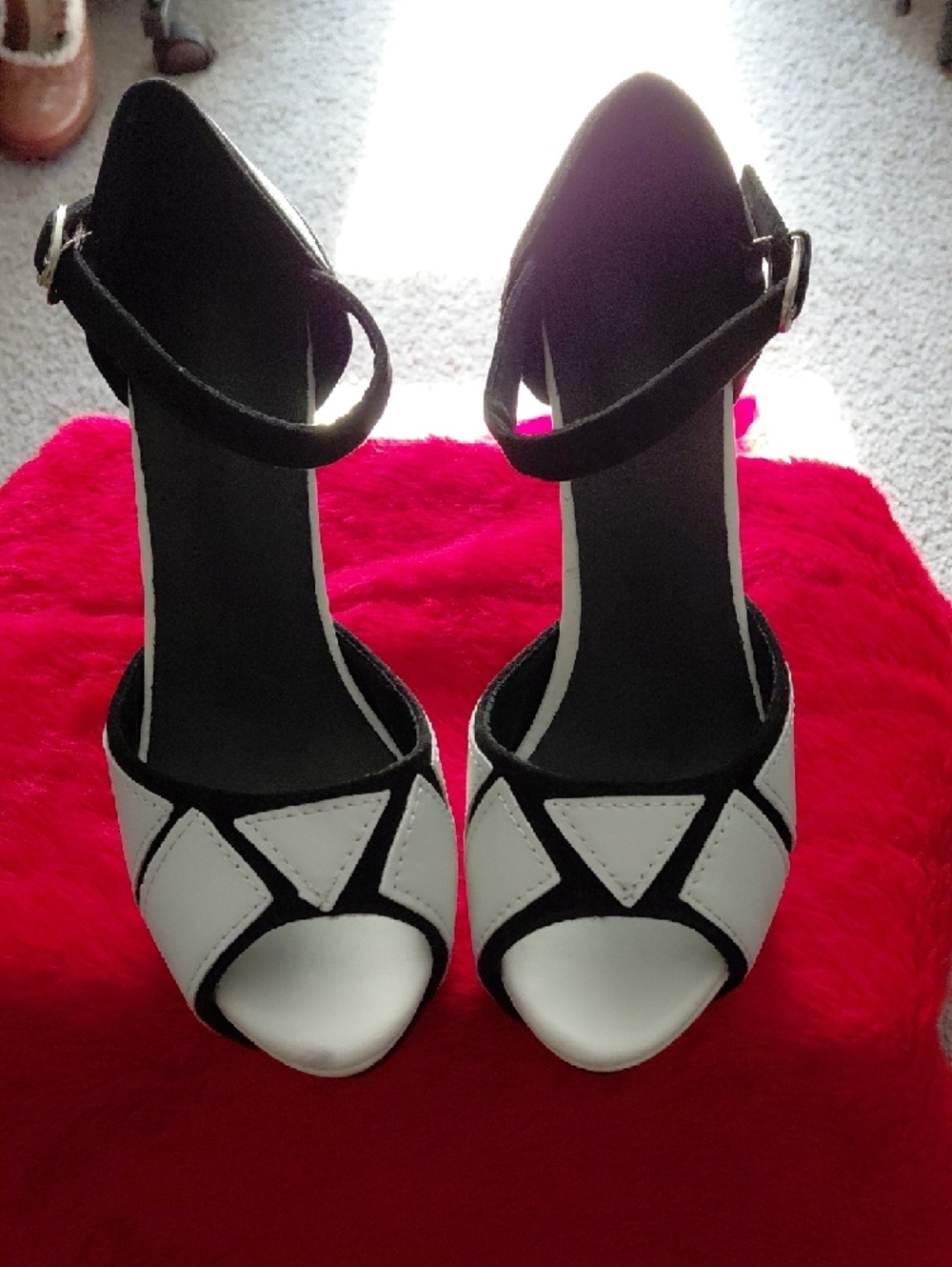 Women’s White and Black Peep-Toe Ankle Strap Heels